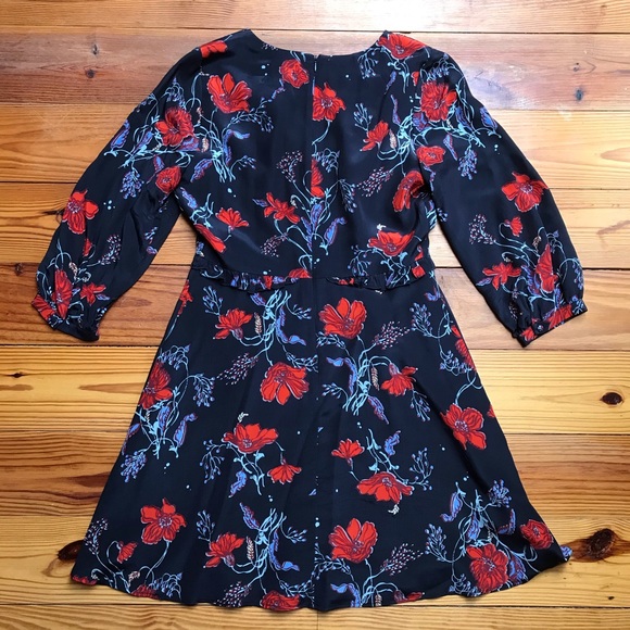 Madewell Black Red Silk Floral V-Neck Dress, EUC, 4 - Picture 14 of 16